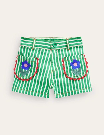 Mini Boden Kids' Patch Pocket Shorts Green / Ivory Stripe Tulip Girls Boden