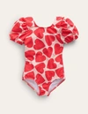 MINI BODEN PRINTED PUFF-SLEEVED SWIMSUIT BALLET PINK HEARTS GIRLS BODEN