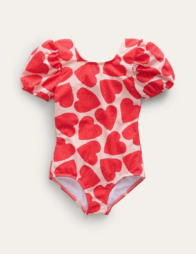 Mini Boden Kids' Puff Sleeve Swimsuit Ballet Pink Hearts Girls Boden In Multi