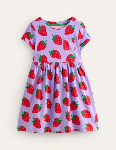 Mini Boden Kids' Short-sleeved Fun Jersey Dress Parma Violet Strawberries Girls Boden