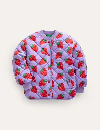 Mini Boden Kids' Fun Quilted Bomber Jacket Parma Violet Strawberries Girls Boden