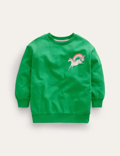 Mini Boden Kids' Relaxed Longline Sweatshirt Green Unicorn Girls Boden