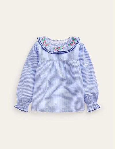 Mini Boden Kids' Embroidered Collar Top Surf Blue / Ivory Stripe Girls Boden