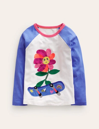 Boden Kids' Raglan Appliqué T-shirt Surf Blue/vanilla Pod Flower Girls