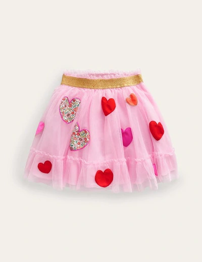 Mini Boden Kids' Tulle Appliqué Skirt Pink Hearts Girls Boden