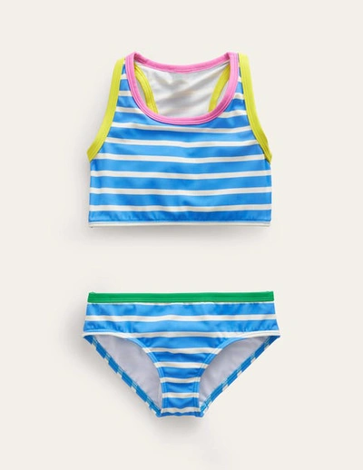 Mini Boden Kids' Racerback Bikini Set Surf Blue, Ivory Stripe Girls Boden