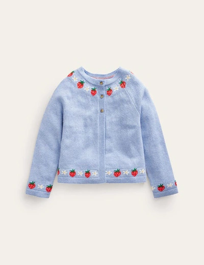 Mini Boden Kids' Embroidered Flower Cardigan Vintage Blue Strawberries Girls Boden