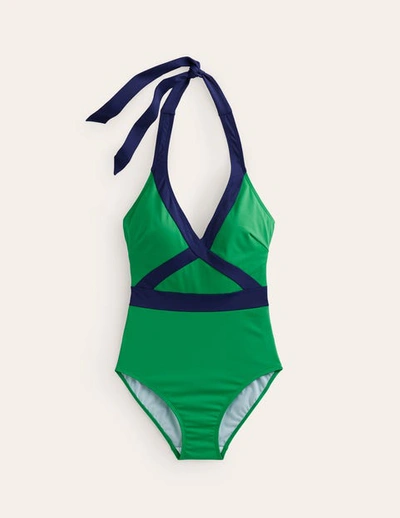 Boden Kefalonia Halterneck Swimsuit Bright Green/ Navy Colourblock Women