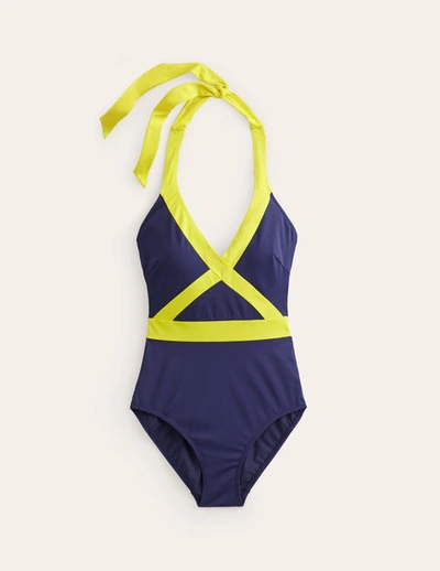 Boden Kefalonia Halterneck Swimsuit Navy/ Citrus Colourblock Women