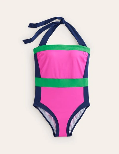 Boden Santorini Halterneck Swimsuit Super Pink Colourblock Women