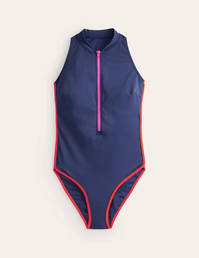 Boden Piped Sporty Swimsuit Navy/ Super Pink Colourblock Women