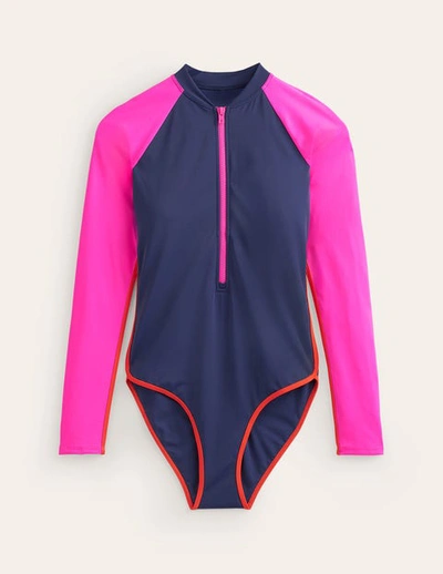 Boden Piped Raglan Sleeve Swimsuit Navy/ Super Pink Colourblock Women