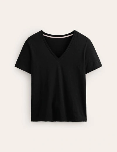 Boden Regular V-neck Slub T-shirt Black Women