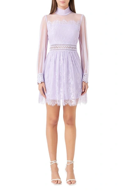 Endless Rose Mixed Lace Long Sleeve Cocktail Dress In Lilac