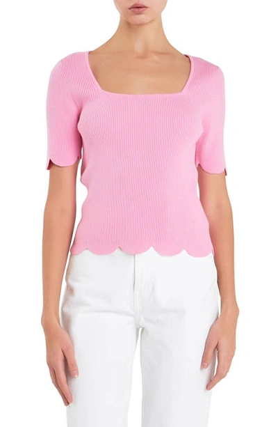 English Factory Scallop Hem Square Neck Rib Jumper In Pink