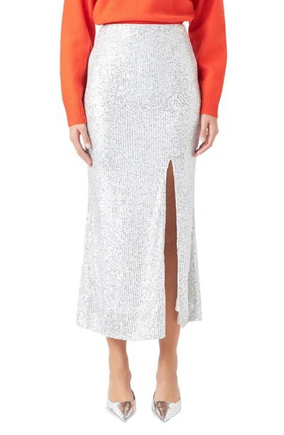 Endless Rose Front Slit Midi Sequin Skirt In Silver