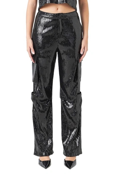 Endless Rose Sequin Wide Leg Cargo Trousers In Black