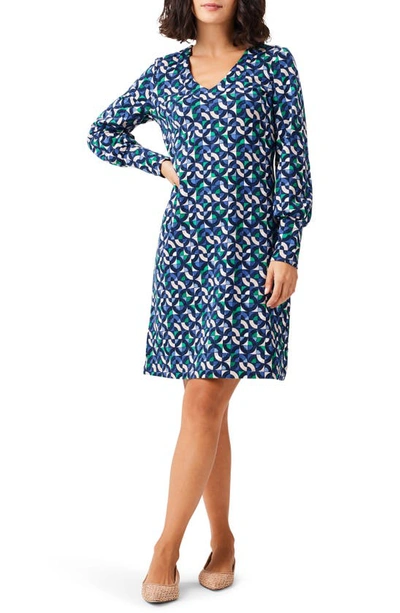 Nic + Zoe Geo Waves Cruise Long Sleeve Shift Dress In Blue Multi