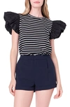 English Factory Mixed Media Stripe Ruffle Sleeve Top In Black/ White