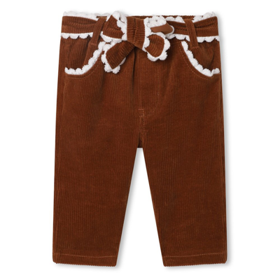 Chloé Kids Scallop Edge Belted Waist Corduroy Trousers In Brown