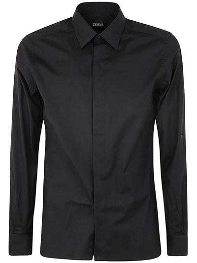 Z Zegna Long Sleeved Concealed Fastened Shirt In Black