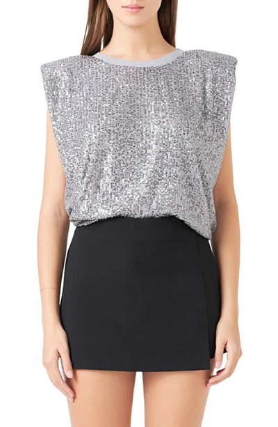 Endless Rose Sequin Shoulder Pad Top In Silver