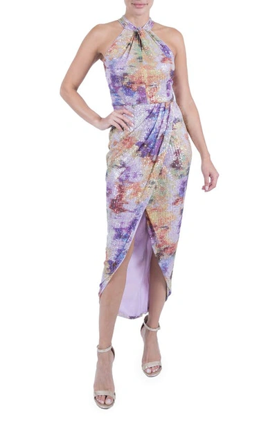 Julia Jordan Twist Neck Sequin Midi Dress In Lavender Multi