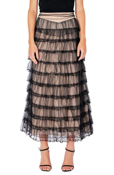 Endless Rose Tiered Tulle Midi Skirt In Black/ Nude