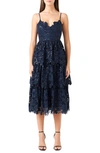 Endless Rose Floral Lace Tiered Sequin Midi Dress In Navy