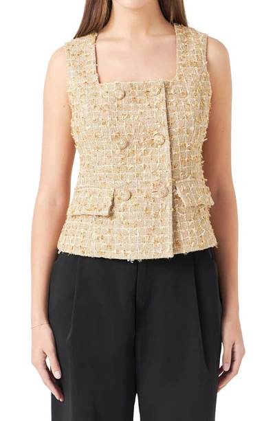 Endless Rose Sleeveless Double Breasted Tweed Top In Gold