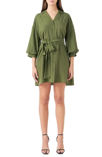 Endless Rose Tie Waist Mini Shirtdress In Olive