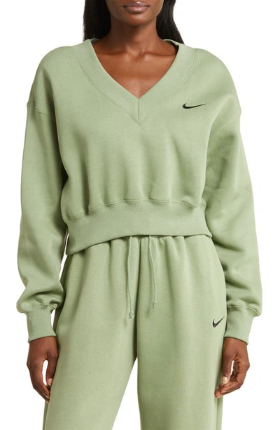 Nike Women's  Sportswear Phoenix Fleece Cropped V-neck Top In Oil Green/ Black