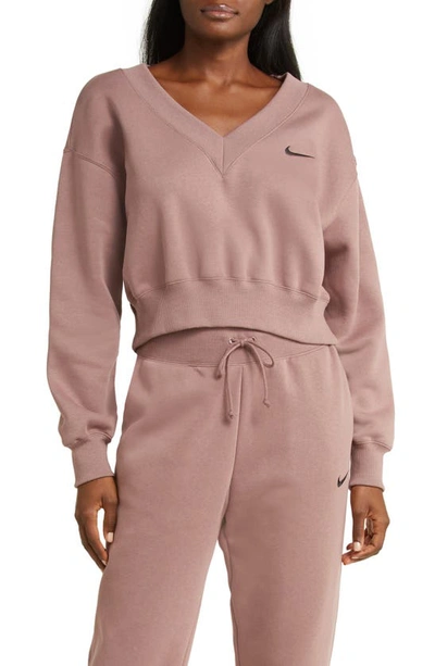 Nike Women's  Sportswear Phoenix Fleece Cropped V-neck Top In Smokey Mauve/ Black