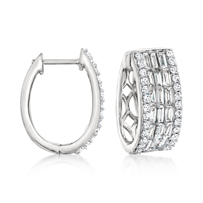 Ross-simons Baguette And Round Diamond Hoop Earrings In 14kt White Gold In Silver