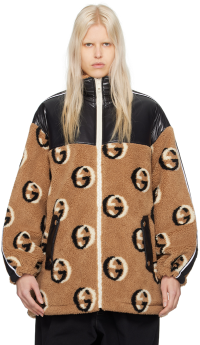 Gucci Gg Wool Fleece Jacquard Zip Jacket In Beige