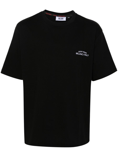 Gcds Cotton T-shirt With Logo Embroidery In Black