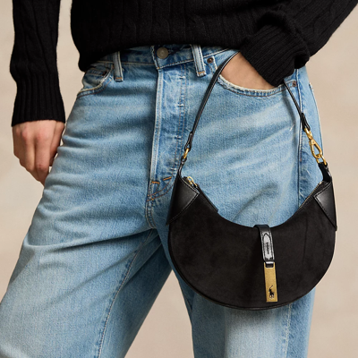 Ralph Lauren Polo Id Suede Mini Shoulder Bag In Black