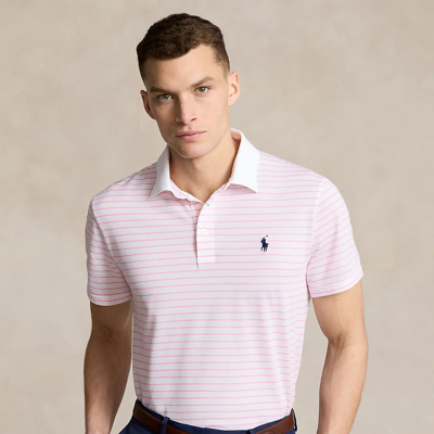 Rlx Golf Tailored Fit Performance Mesh Polo Shirt In White/pink Flamingo