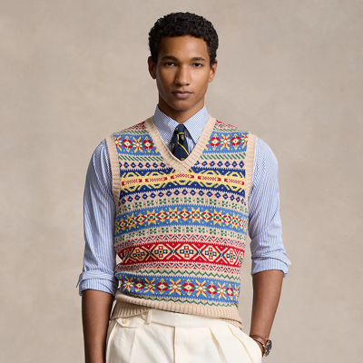 Ralph Lauren Fair Isle Cotton-cashmere Sweater Vest In Tan Combo
