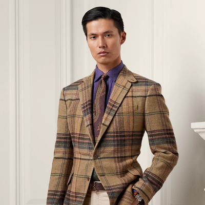 Ralph Lauren Purple Label Kent Hand-tailored Plaid Tweed Jacket In Taupe Multi