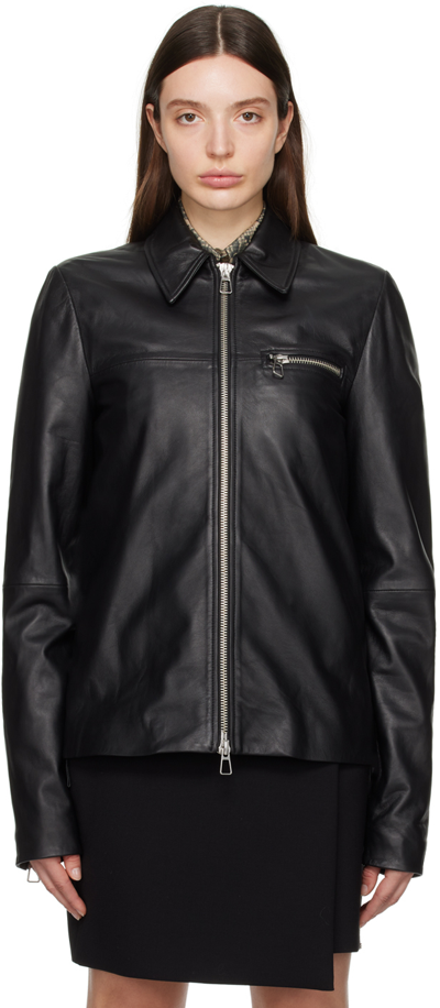 Sportmax Womens Black Spread-collar Zip-pocket Leather Jacket