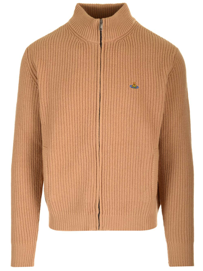 Vivienne Westwood Orb Embroidered Zipped Knit Jumper In Brown