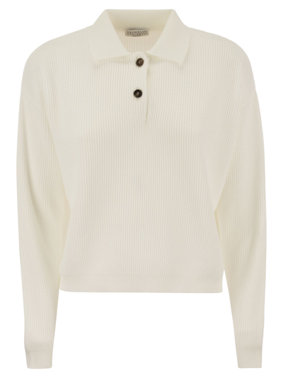 BRUNELLO CUCINELLI ENGLISH RIB COTTON POLO-STYLE JERSEY WITH JEWELLERY