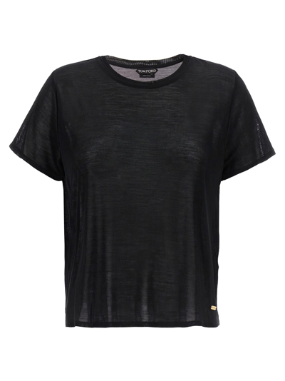 Tom Ford Sheer Silk T-shirt With Gold Logo Plaque In Black