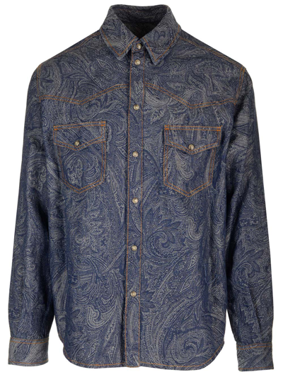 Etro Paisley Print Shirt In Blu Denim