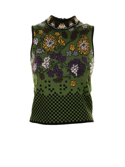 Kenzo Mock-neck Floral Intarsia-knit Vest In Green