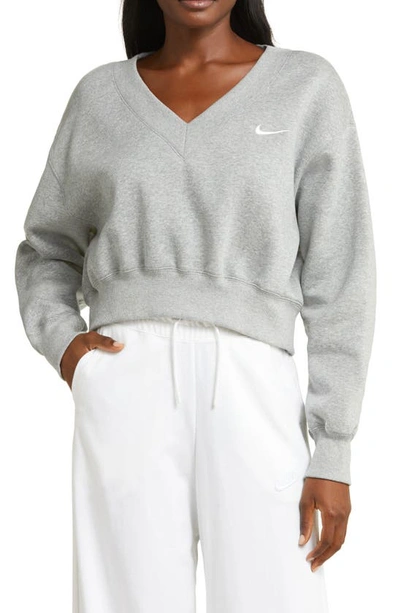 Nike Sportswear Phoenix Fleece V-neck Crop Sweatshirt In Dk Grey Heather/ Sail