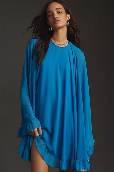 Mac Duggal Long-sleeve High-neck Mini Cape Dress In Blue