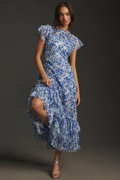 Mac Duggal High Neck Ruffle Cap Sleeve Floral Dress In Blue