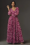 Monique Lhuillier Melanie Long-sleeve V-neck A-line Maxi Dress In Pink